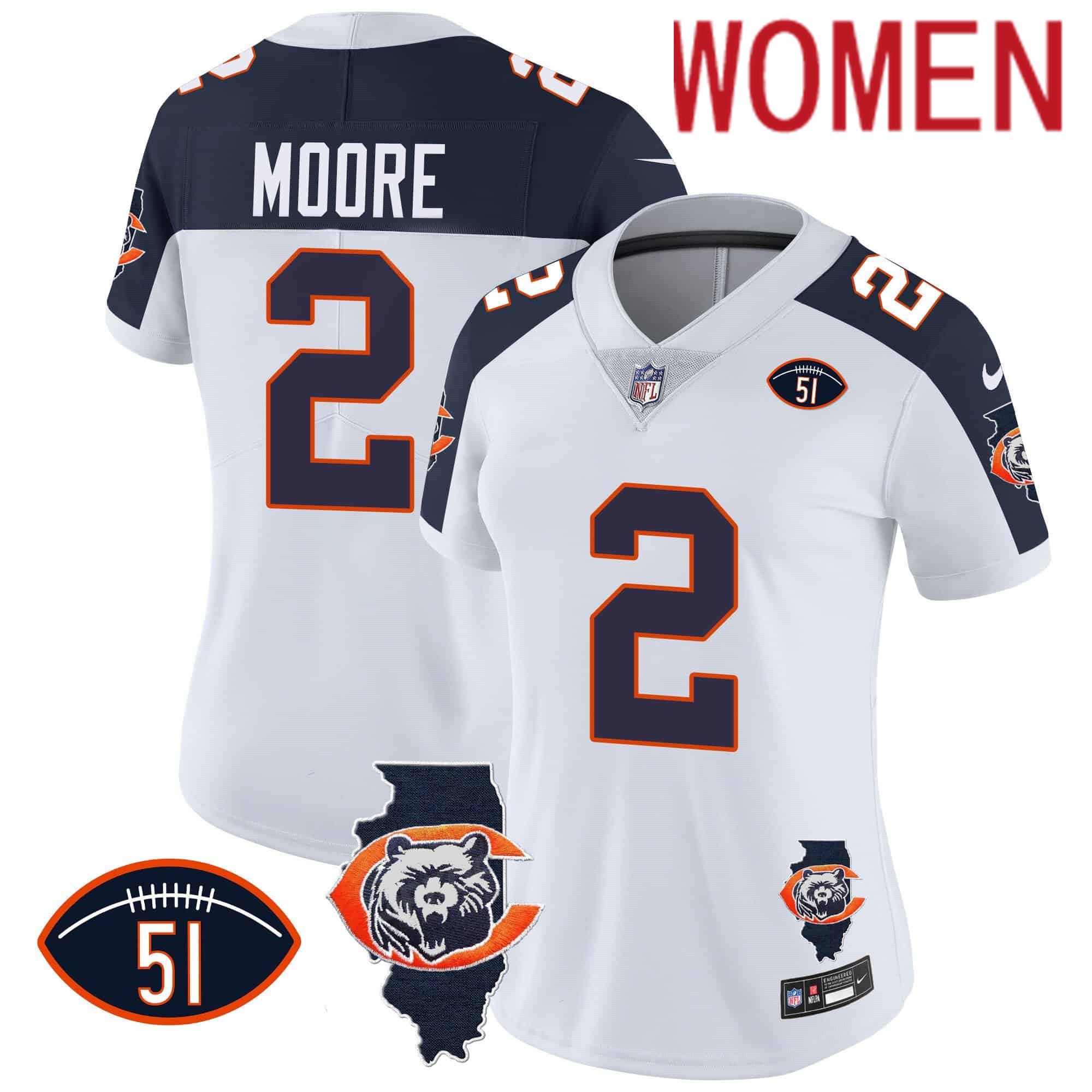 Women Chicago Bears #2 Moore White 2024 Nike Throwback Illinois Patch Vapor NFL Jersey style 2->customized nfl jersey->Custom Jersey